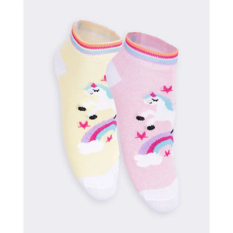 Kit 2 Pares De Meia Infantil Cano Médio Unicórnio Rosa E Amarela 26 A 29
