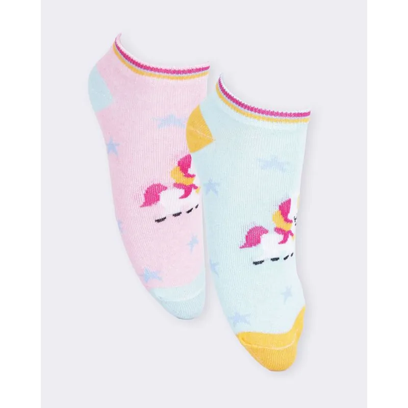Kit 2 Pares De Meia Infantil Cano Médio Unicórnio Rosa E Verde 22 A 25