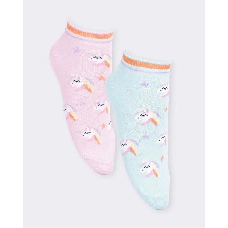 Kit 2 Pares De Meia Infantil Cano Médio Unicórnio Rosa E Verde 26 A 29