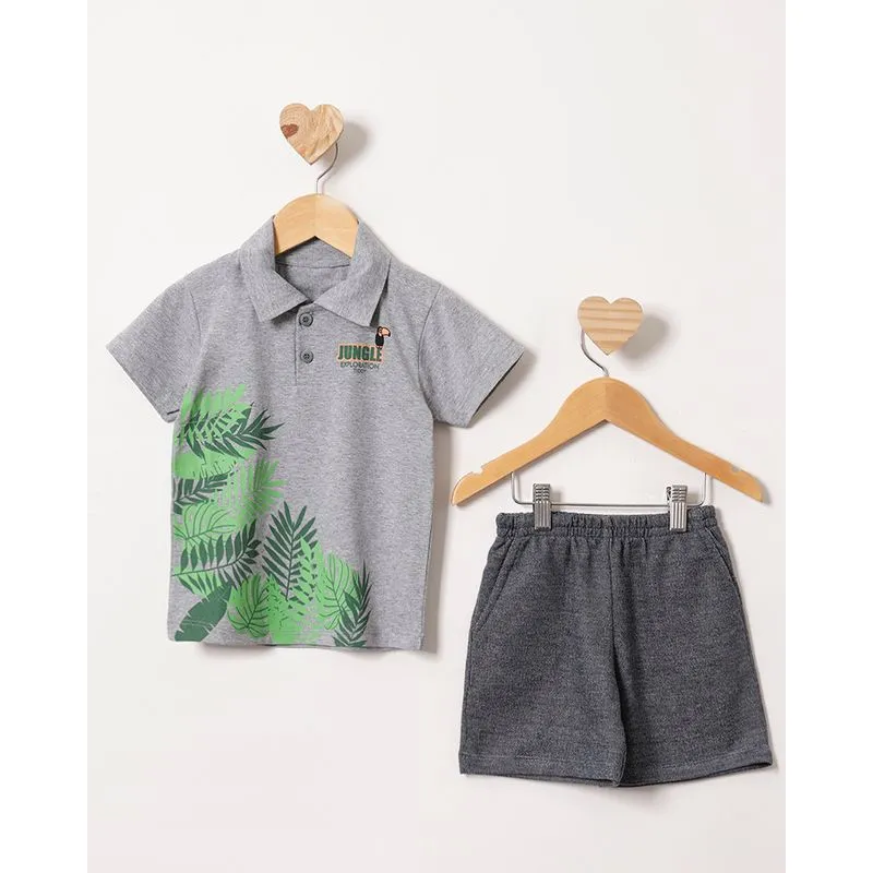 Conjunto Bebê Curto Estampa Folhagem Manga Curta Cinza 2