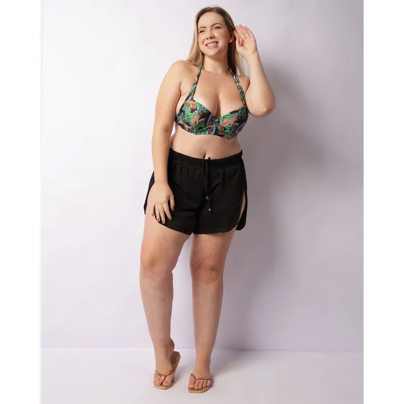 Saída De Praia Short Plus Size Feminino Com Fenda Preto 50