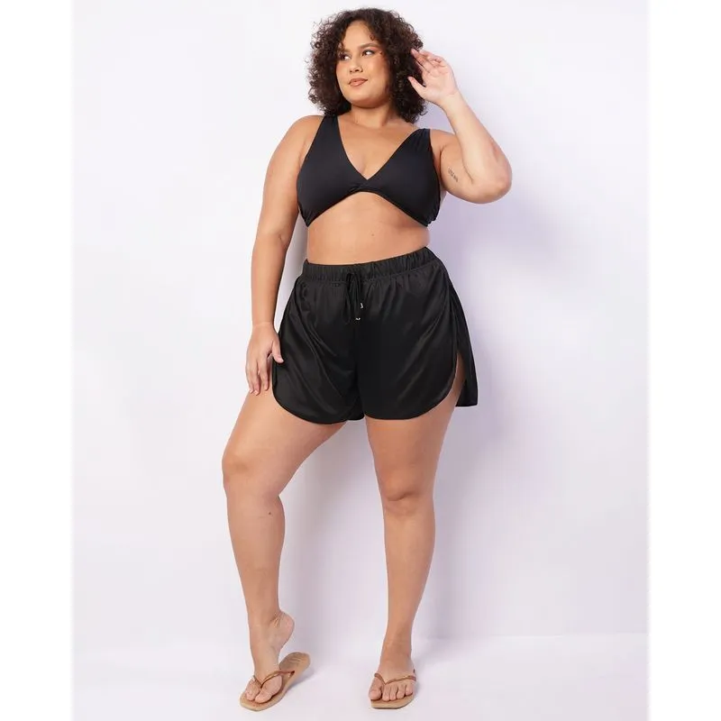 Saída de Praia Short Plus Size Abertura Lateral Preto 52