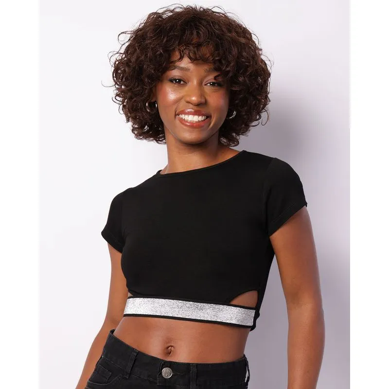 Blusa Feminina Cropped Faixa Fio Lurex Preta M