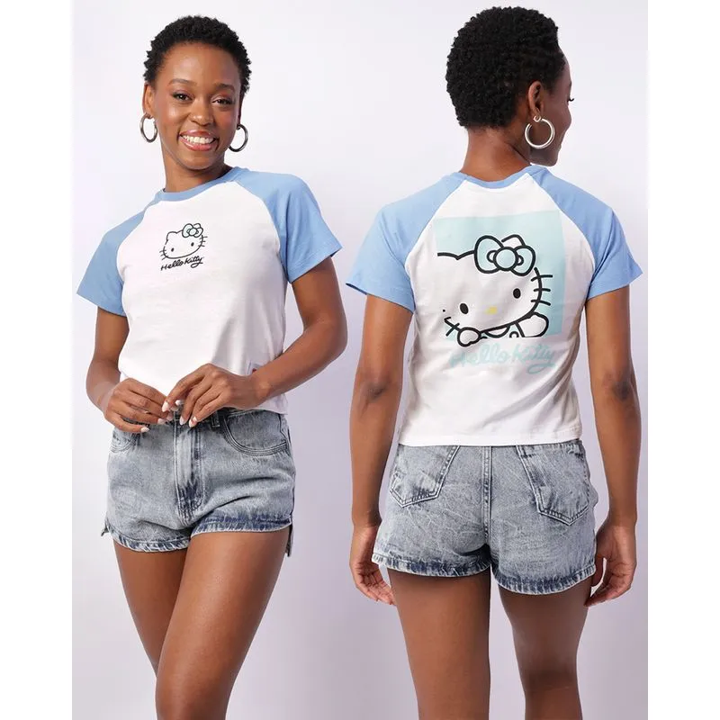 Camiseta Feminina Cropped Hello Kitty Manga Curta Raglan Branca P