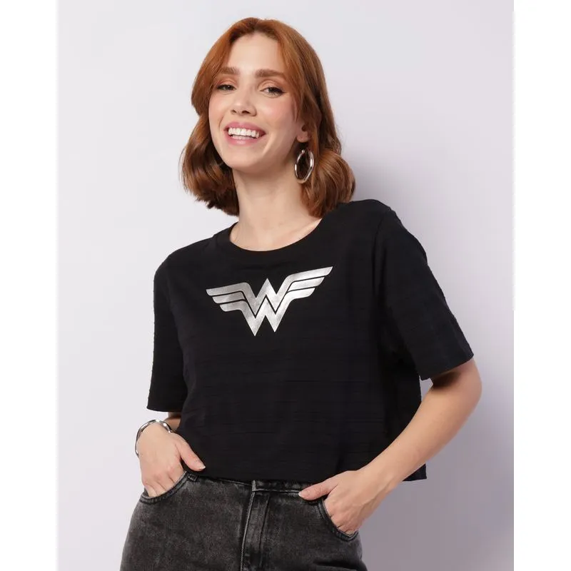 Camiseta Feminina Cropped DC Comics Mulher Maravilha Texturizada Preta G