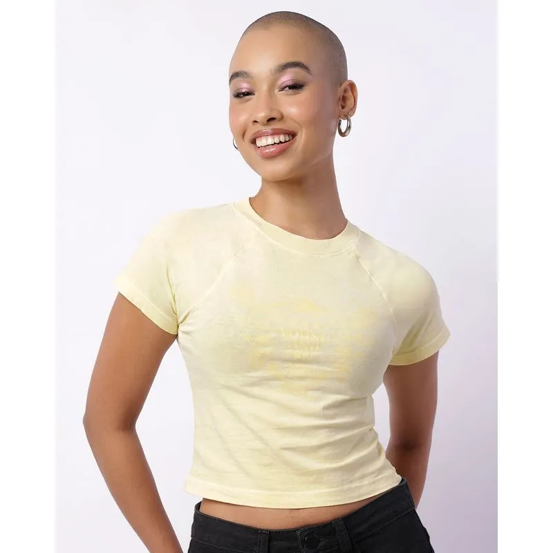Camiseta Feminina Cropped Estampa Manga Curta Raglan Amarela G