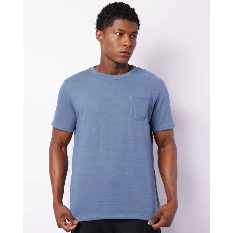 Camiseta Masculina Maquinetada Manga Curta Com Bolso Azul P