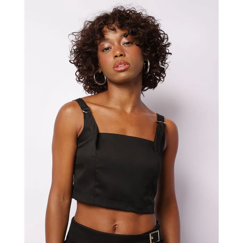 Regata Feminina Cropped Alfaiataria Ilhós Preta G