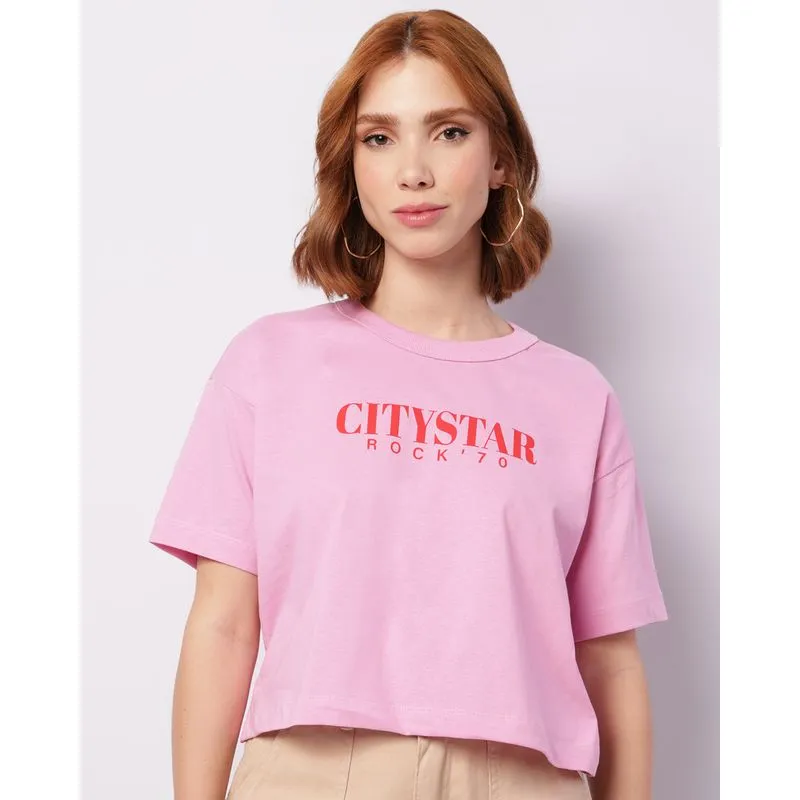 Camiseta Feminina Cropped Estampa Rock Manga Curta Rosa P