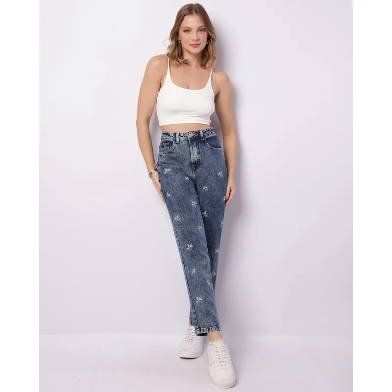 Calça Jeans Feminina Mom Com Bordado Flores Bolsos Azul 38