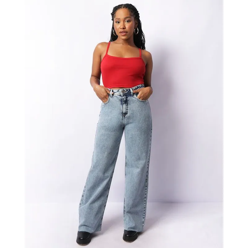 Calça Jeans Feminina Wide Leg Marmorizada Azul 44