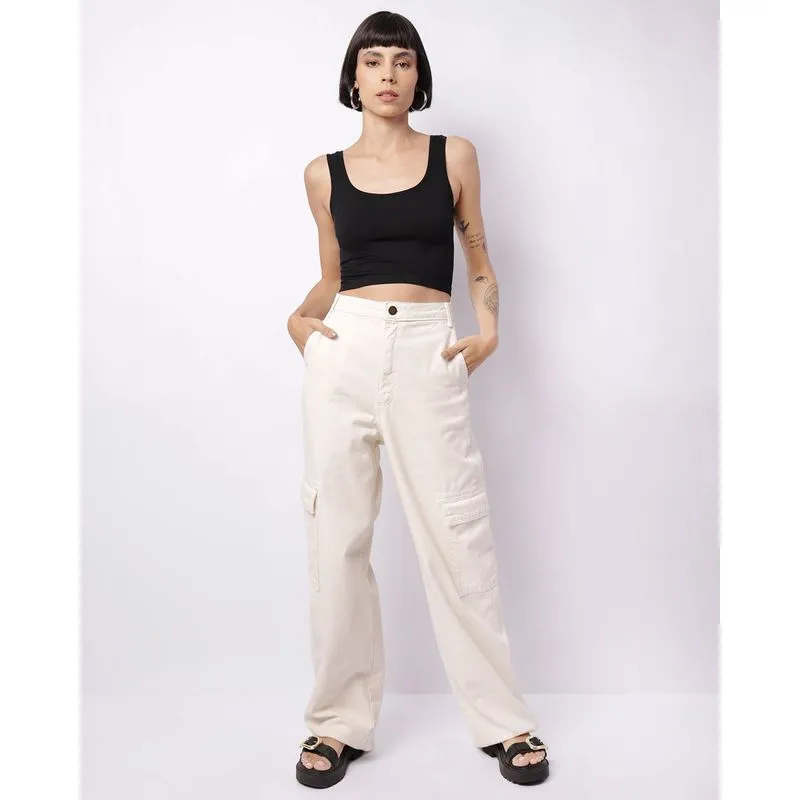 Calça Sarja Feminina Wide Leg Cargo Bege 36