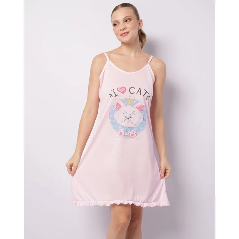 Camisola Feminina Curta Estampa Pet Com Babado Rosa M