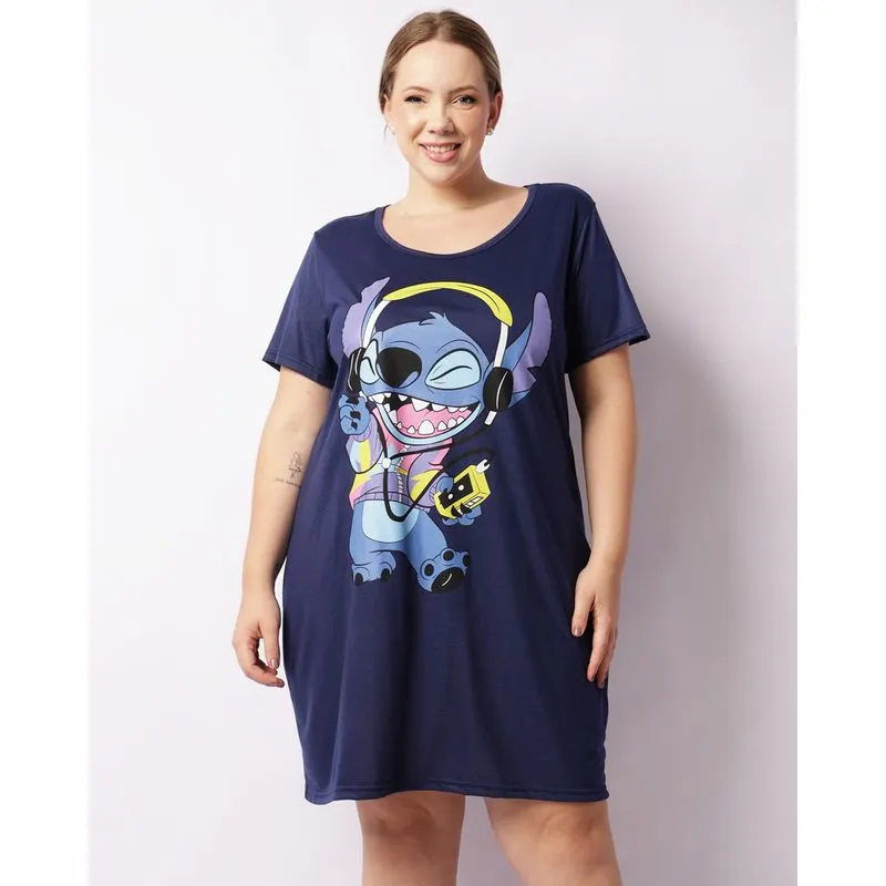 Camisola Plus Size Feminina Curta Disney Stitch Manga Curta Marinho 48