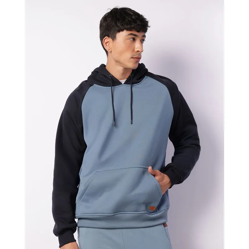 Blusão Moletom Masculino Com Capuz Bolso Recortes Azul GG