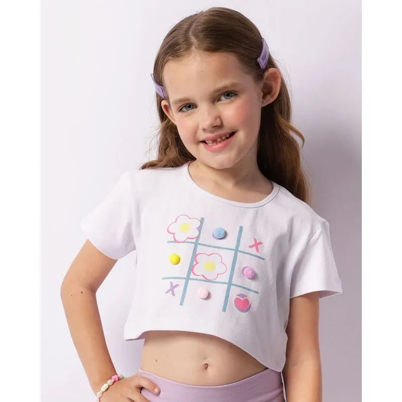 Blusa Infantil Cropped Estampa Jogo da Velha Manga Curta Branca 6