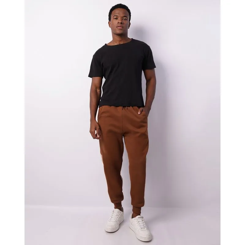 Calça Moletom Masculina Jogger Com Bolsos Recortes Marrom M