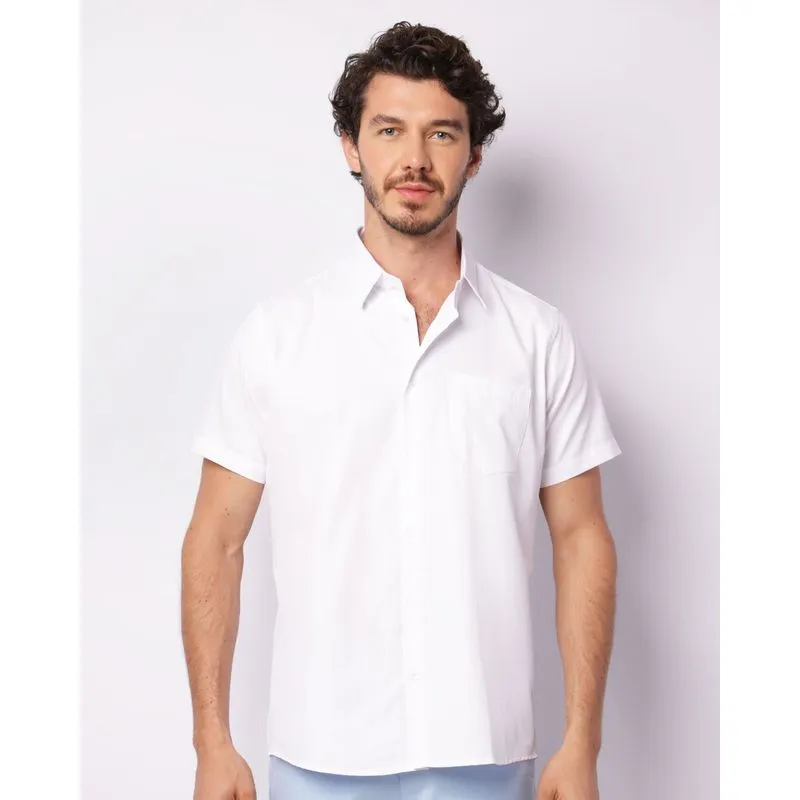 Camisa Masculina Texturizada Social Com Bolso Manga Curta Branca 4
