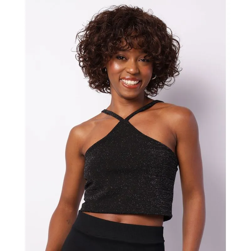 Blusa Feminina Cropped Frente Única Fios Lurex Preta P