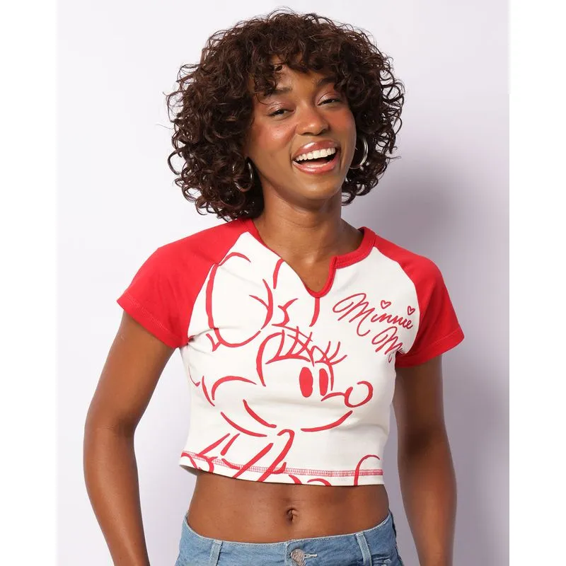 Camiseta Feminina Cropped Disney Minnie Manga Curta Raglan Off White M