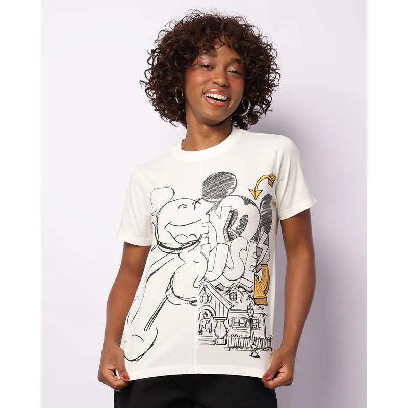 Camiseta Feminina Disney Mickey Com Recortes Manga Curta Off White M