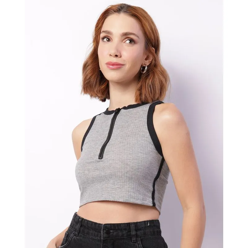 Regata Feminina Cropped Canelada Zíper Frontal Cinza M