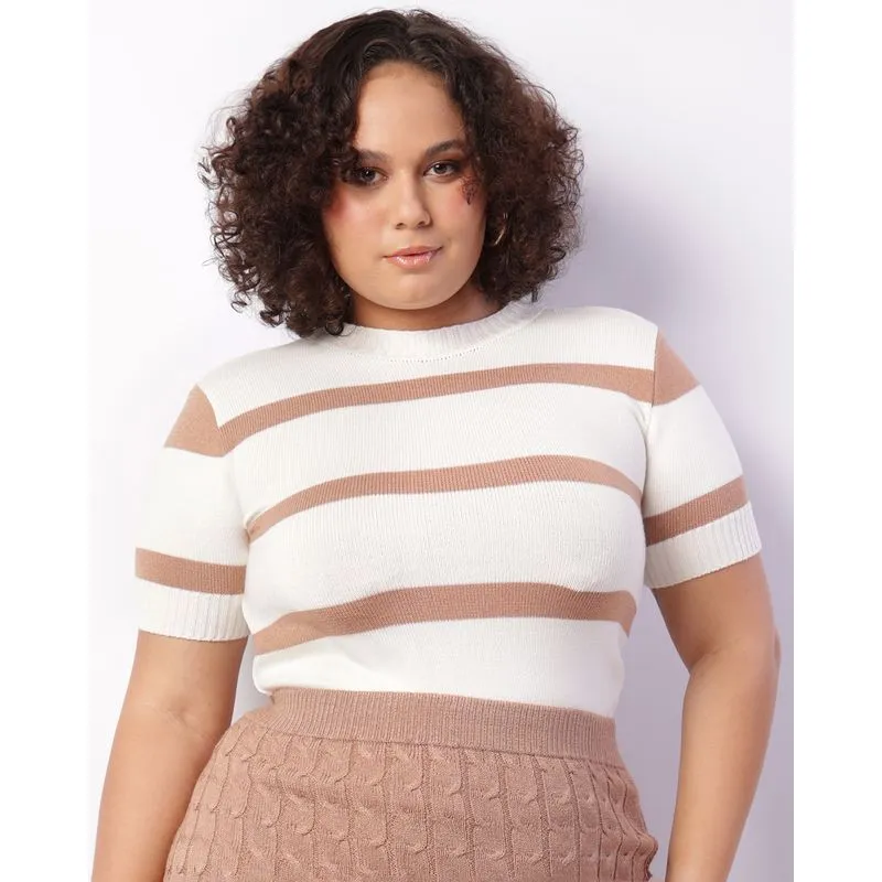 Blusa Plus Size Feminina Tricô Listrada Bege G1
