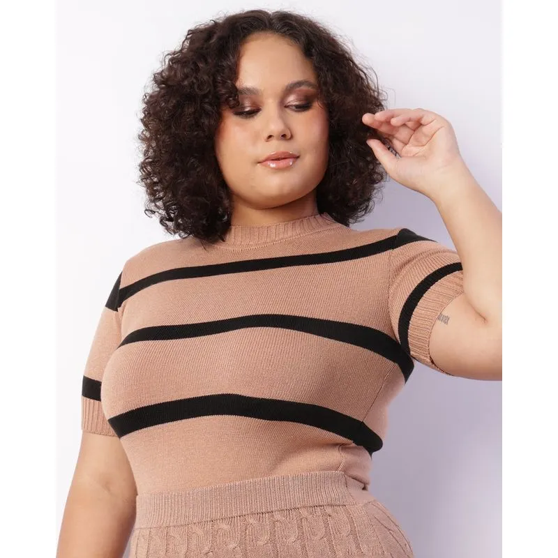 Blusa Plus Size Feminina Tricô Listrada Bege e Preta G2