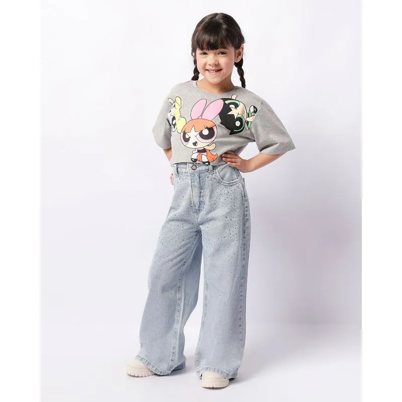 Calça Jeans Infantil Wide Leg Com Strass Azul 10