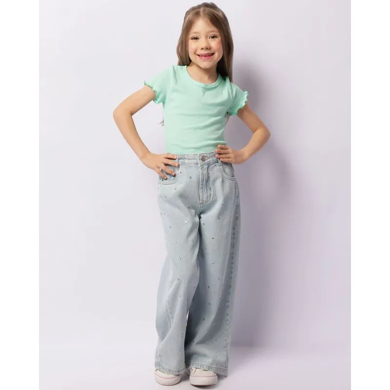 Calça Jeans Infantil Wide Leg Com Strass Azul 10