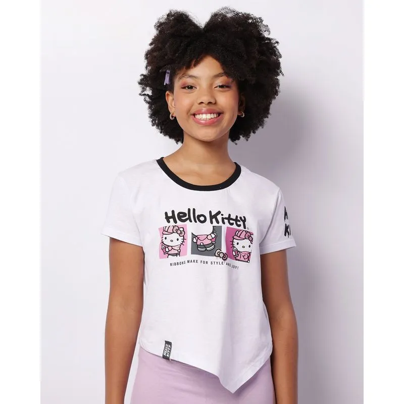 Camiseta Juvenil Hello Kitty Manga Curta Branca 14
