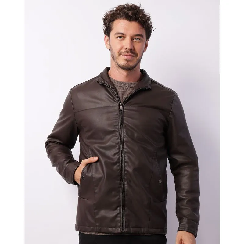 Jaqueta Masculina PU Com Recortes Marrom G