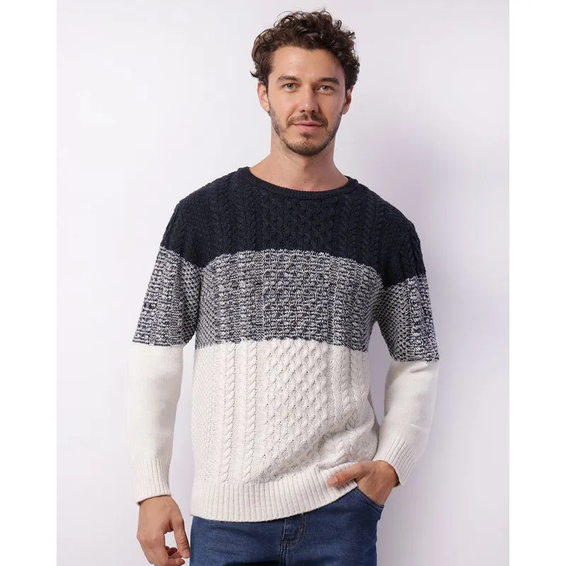 Suéter Masculino Tricô Texturizado Bicolor Branco G
