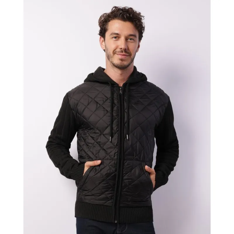 Jaqueta Masculina Tricô Recorte Puffer Com Capuz Preta G