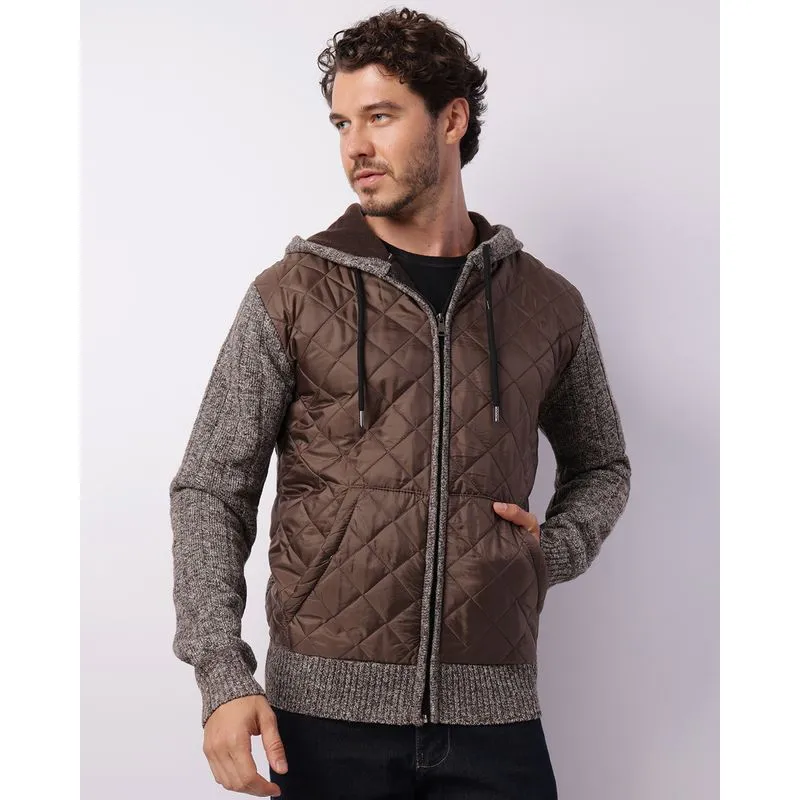 Jaqueta Masculina Tricô Recorte Puffer Com Capuz Marrom M