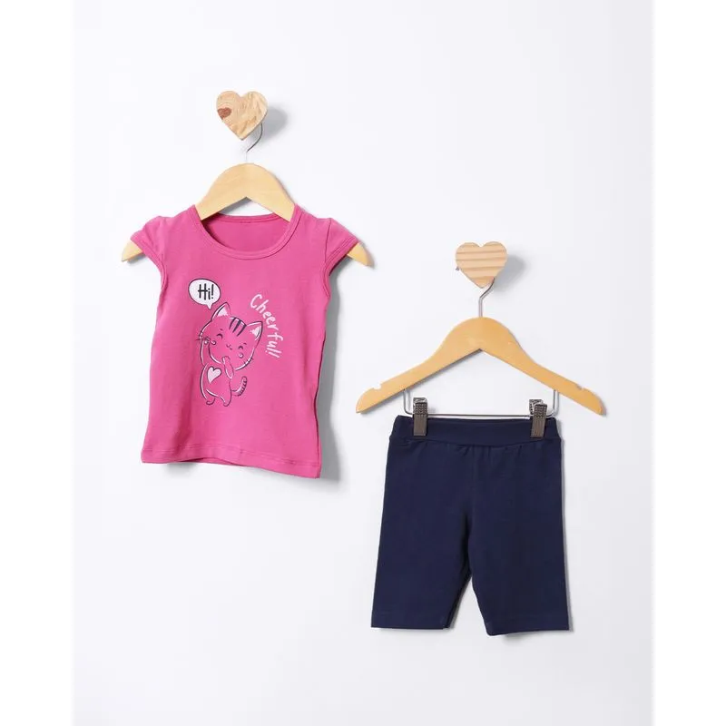 Conjunto Bebê Manga Curta Estampa Gatinho Curto Rosa 3