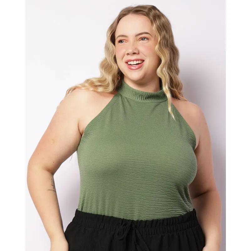 Regata Plus Size Feminina Cava Americana Texturizada Verde G2