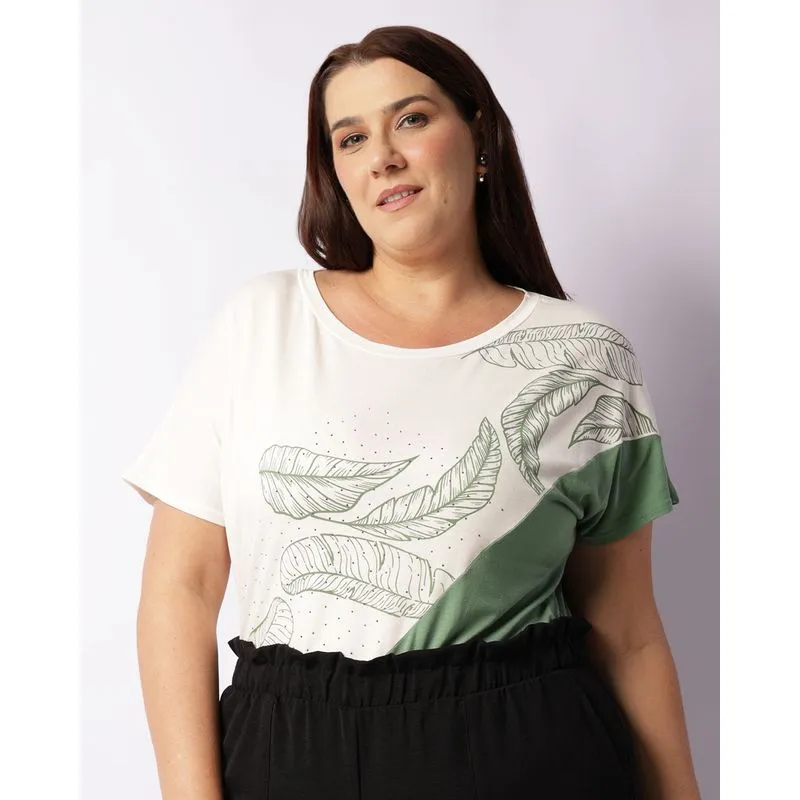 Blusa Plus Size Feminina Com Strass Manga Curta Off White G3