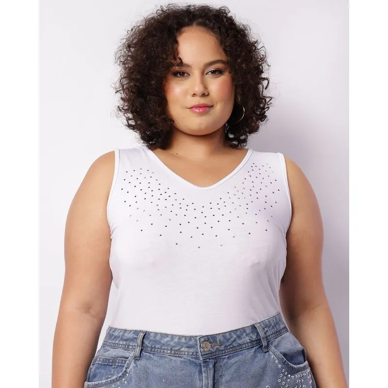 Regata Plus Size Feminina Decote V Com Brilhos Branca G1