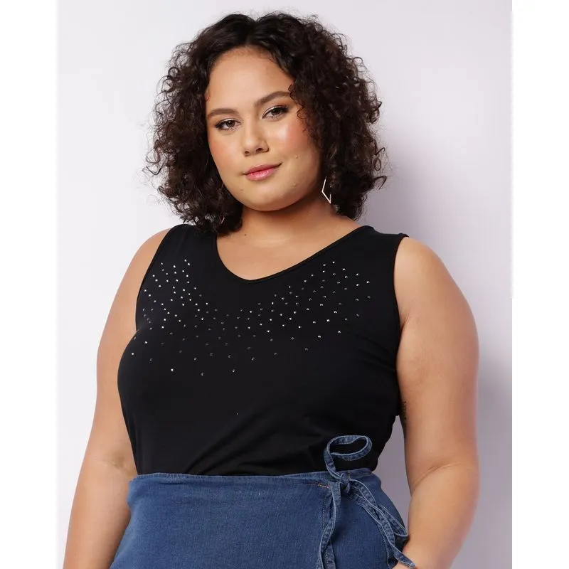 Regata Plus Size Feminina Decote V Com Brilhos Preta G3