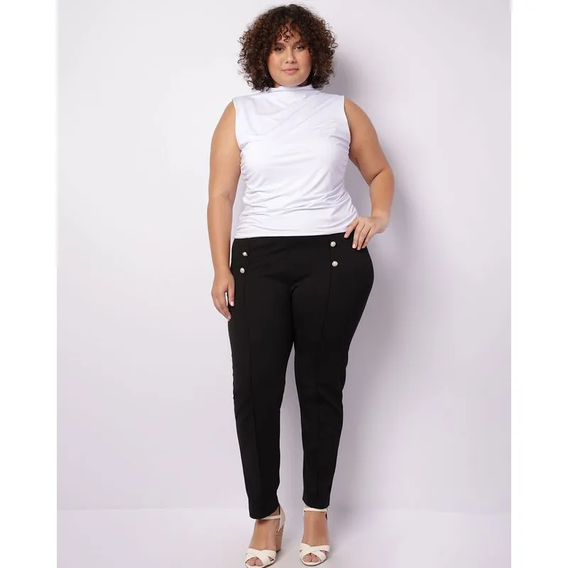 Calça Plus Size Feminina Crepe Reta Botões Preta G1