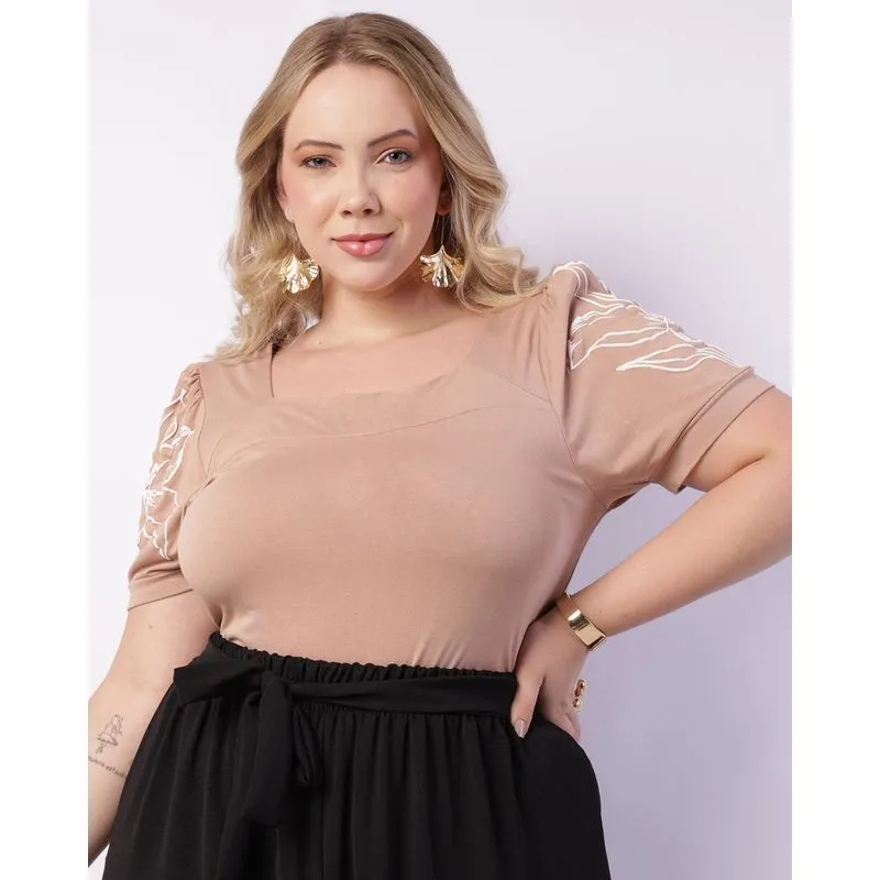 Blusa Plus Size Feminina Viscose Estampa Na Manga Bege G2