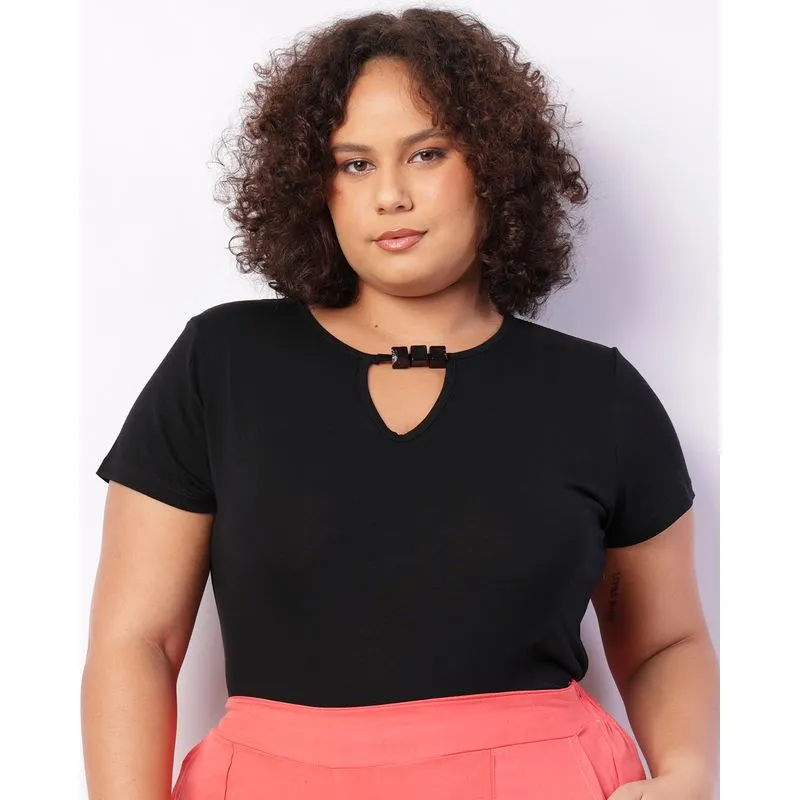 Blusa Plus Size Feminina Manga Curta Vazada Aviamento Preta G2