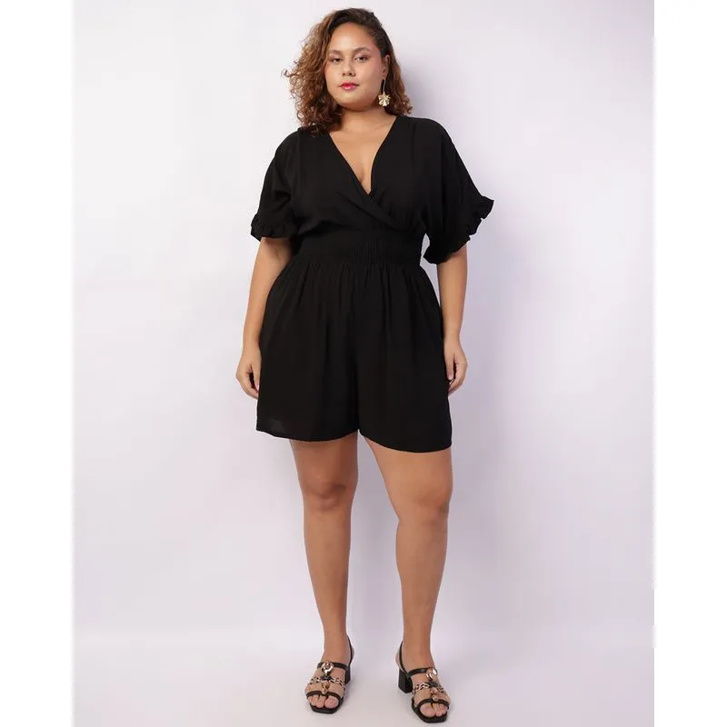 Macaquinho Plus Size Feminino Curto Viscose Preto G2