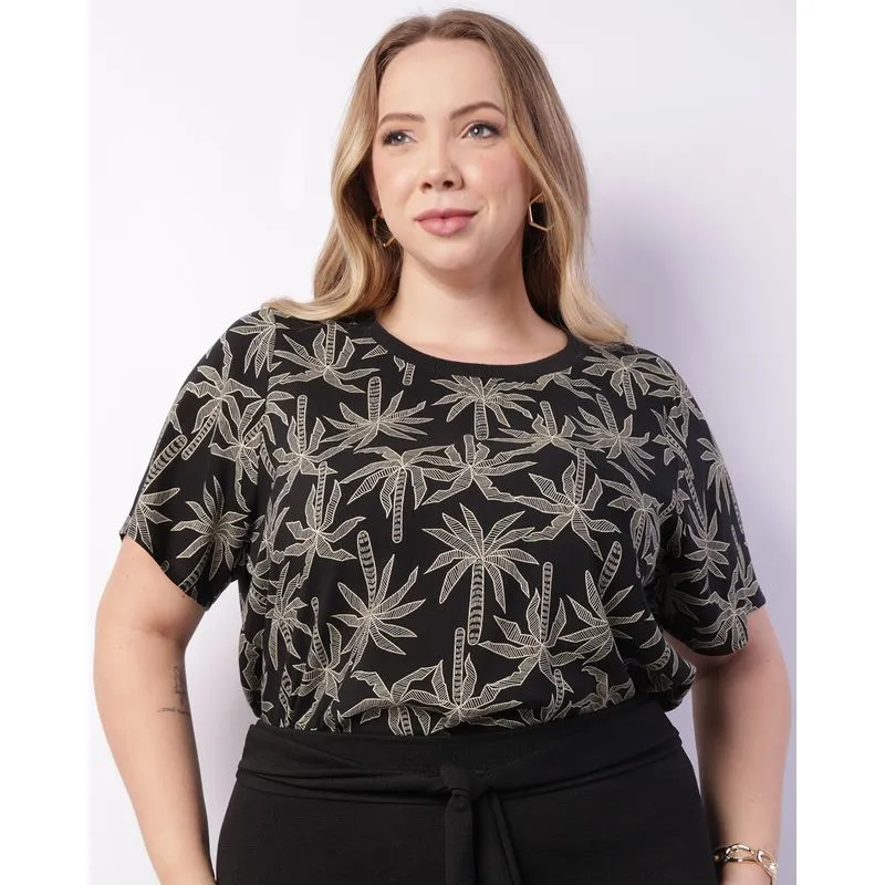 Blusa Plus Size Feminina Manga Curta Viscose Estampada Preta G1