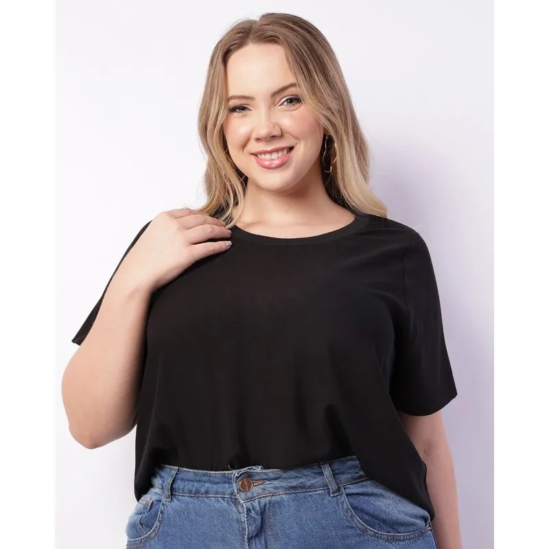 Blusa Plus Size Feminina Manga Curta Viscose Preta G2