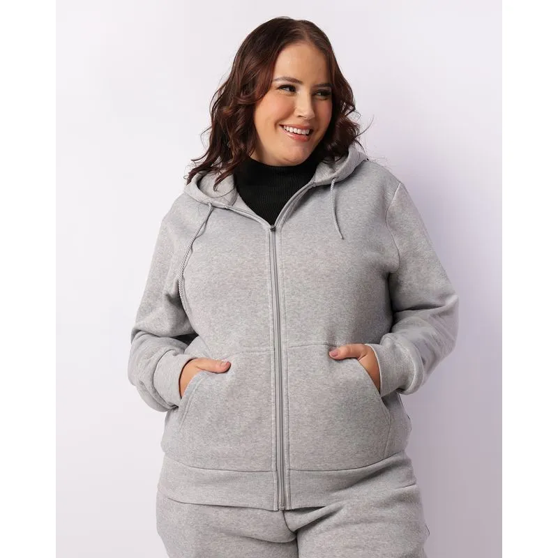 Jaqueta Moletom Plus Size Feminina Com Capuz Cinza G3