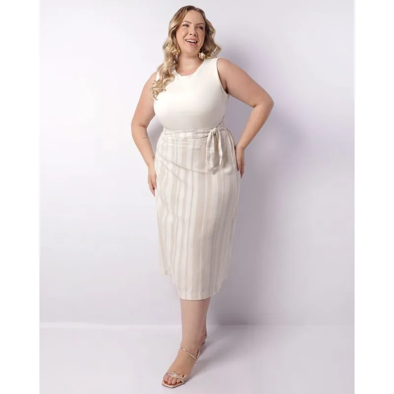 Saia Plus Size Feminina Midi Viscolinho Lurex Bege G3