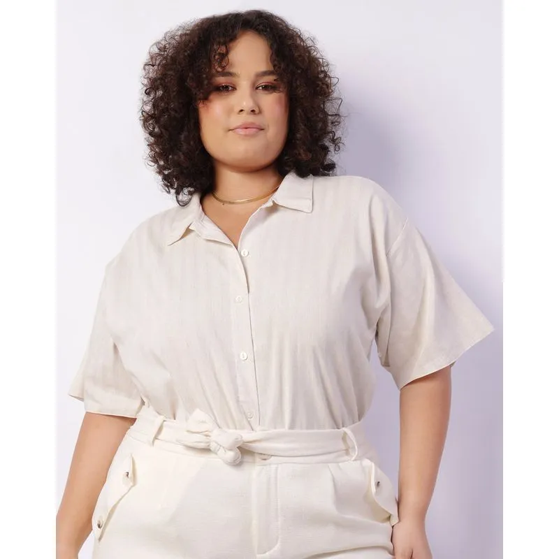 Camisa Plus Size Feminina Manga Curta Viscolinho Listrada Bege G1