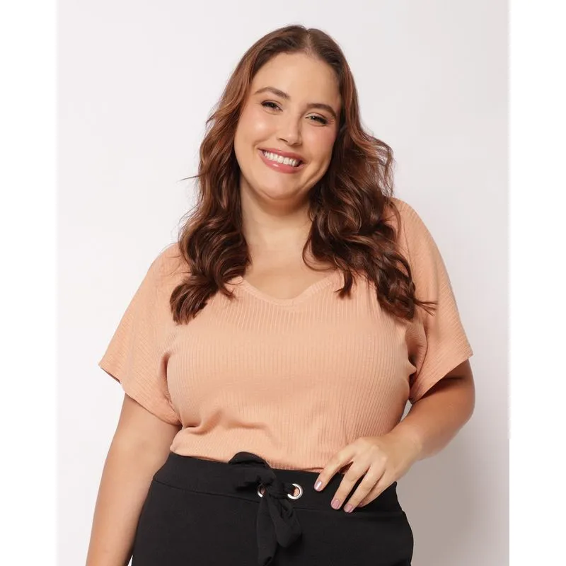 Blusa Plus Size Feminina Canelada Decote V Manga Curta Bege G2